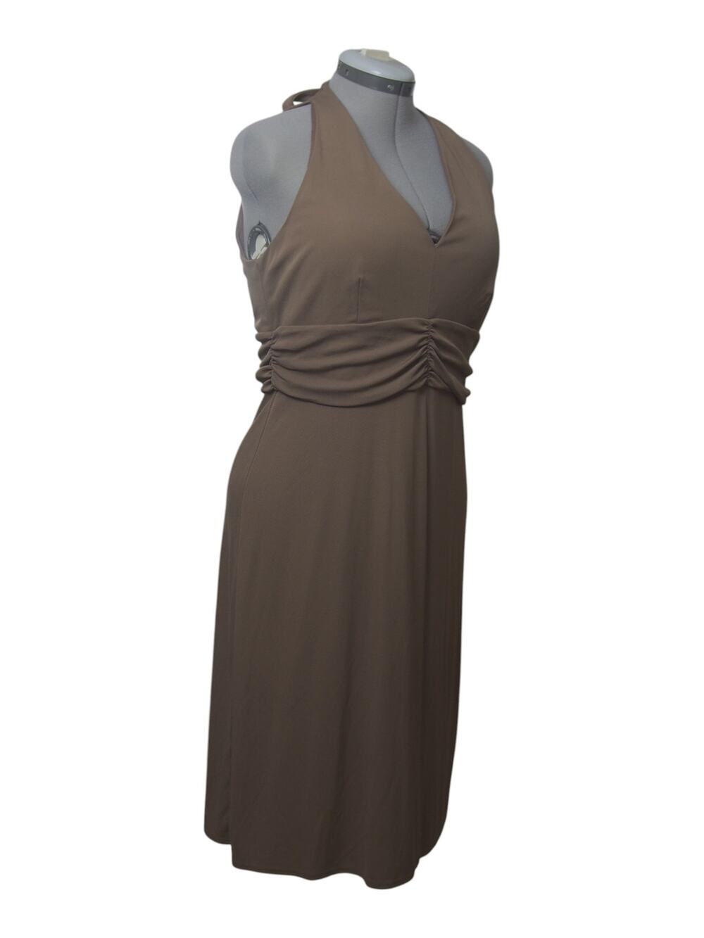 LOFT Mocha Brown Halter Dress Size 14 Ruched Waist Stretch Midi